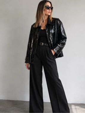 Meotine Levi Black Glossy Vegan Leather Oversized Jacket L/XL